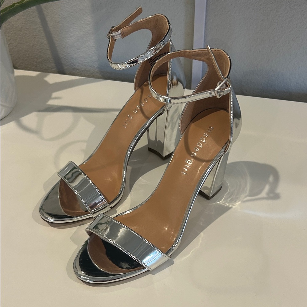 Silver Madden Girl Ankle Strap Heels